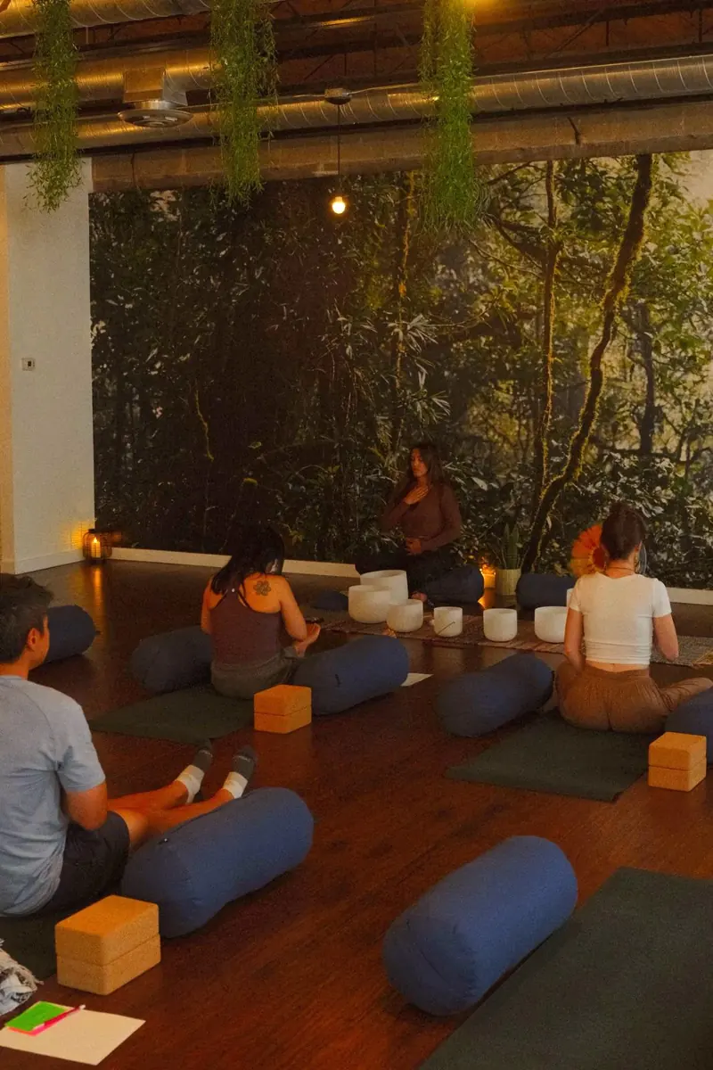 Crystal singing bowls set for a Sound Bath at Half Pigeon Yoga in downtown St. Petersburg